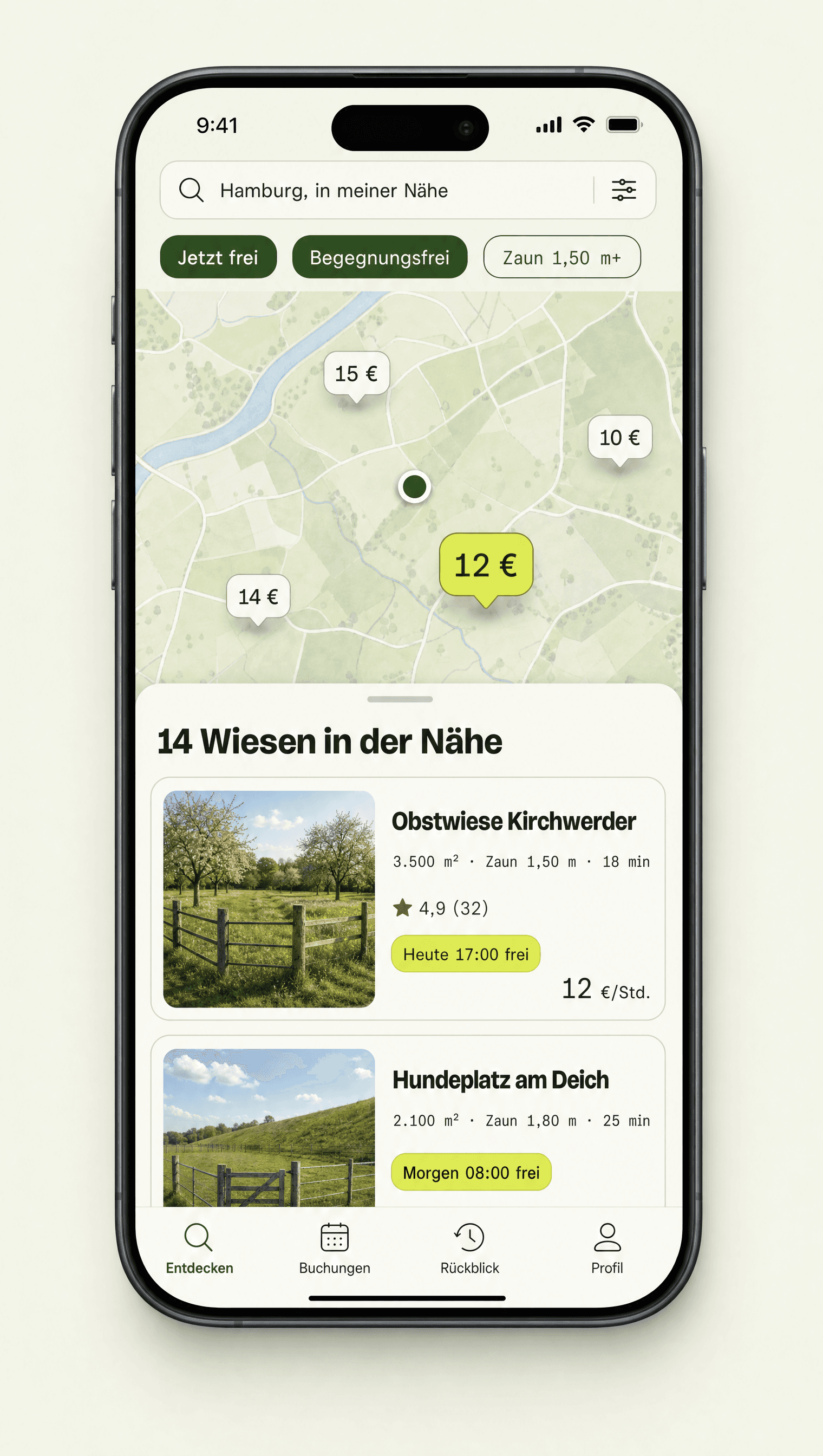 App-Screen Entdecken: Karte mit Hundewiesen in Hamburg, Filter Jetzt frei und Begegnungsfrei, Obstwiese Kirchwerder heute 17:00 frei für 12 € pro Stunde